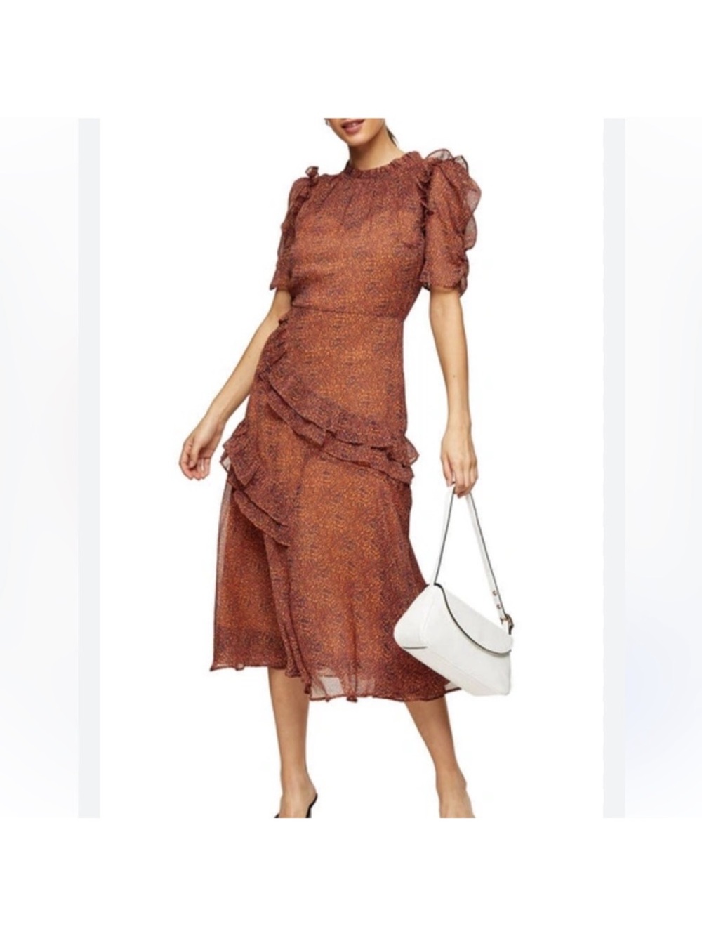 Rust Floral Ruffle Pretty Midi Modest Dress - Women